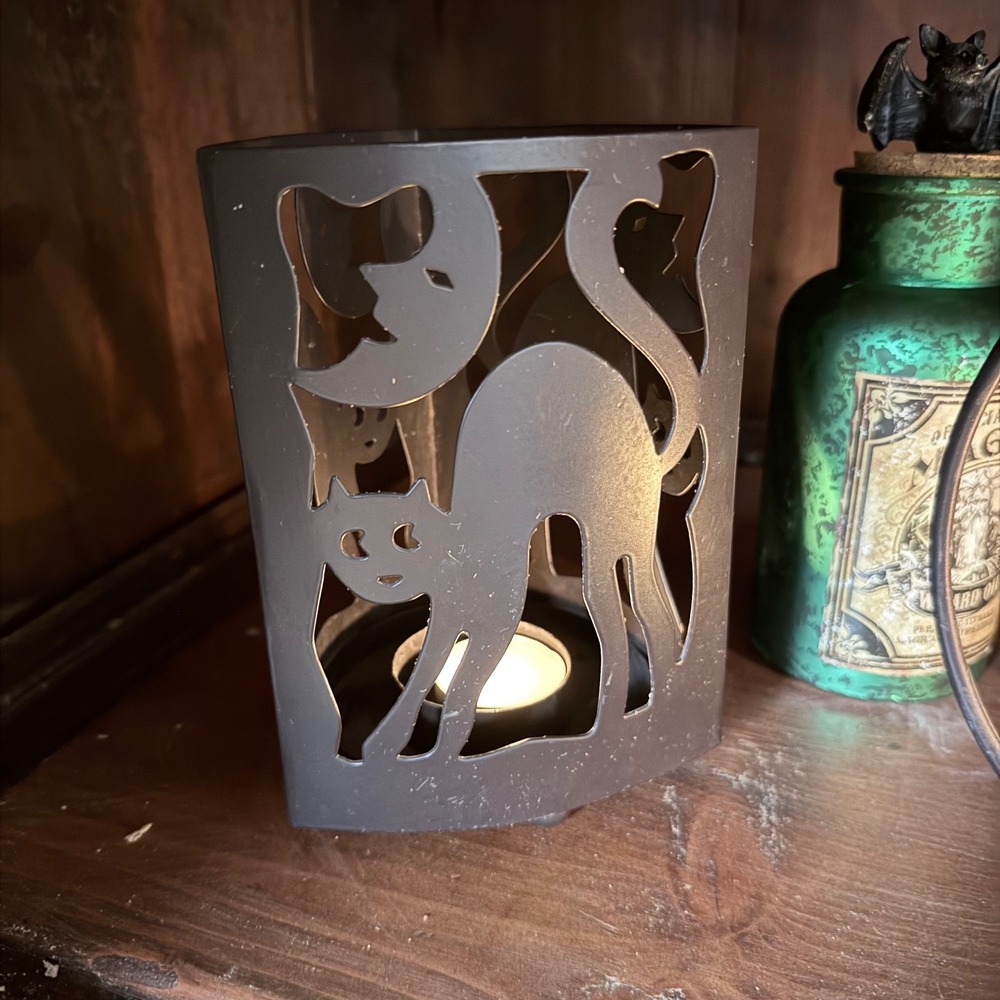 Unbranded Black Metal Cat Moon Candle Holder Black Good Halloween Gothic Decor